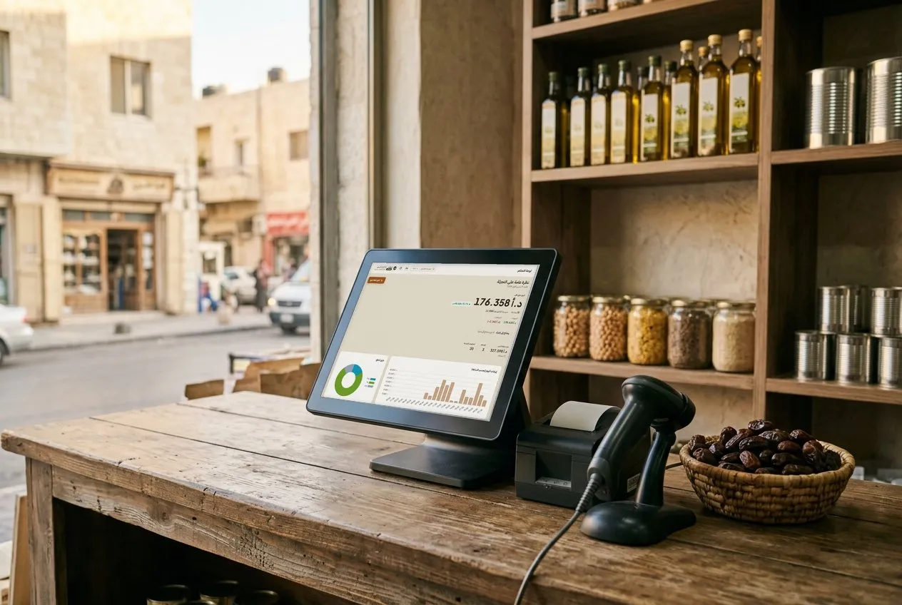 شاشة كاشير على كاونتر خشبي في بقالة تعرض لوحة أورا ريتيل، وبجانبها طابعة إيصالات وقارئ باركود وسلة تمر.